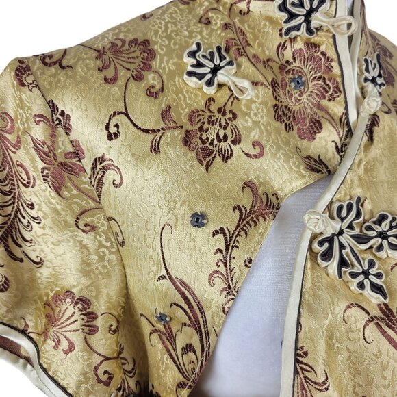 Modern Cheongsam Traditional Gold Brown Embroidery Floral Swirl Dress Korean 38 - Picture 10 of 16